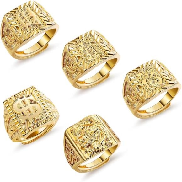 5Pcs 18K Gold Filled Rings Set for Men Kanji Rings Rich Luck Wealth Trendy - Picture 1 of 7